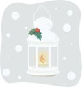 Cute white candlestick with holly on light background with falling snow vector flat illustration. Burning candle, cozy time